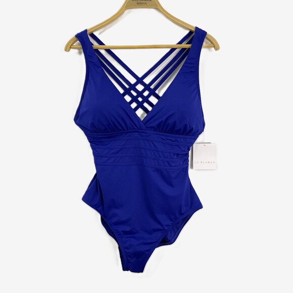*La Blanca Island Goddess Multi Strap Cross-Back One-Piece Swimsuit Size 12 - Picture 1 of 10